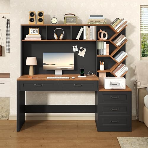 55" Computer Desk with Bookshelf, Drawers ＆ Hutch for Bedroom, Home Office | Modern Study Writing Desk with Power Strip, Built-in Printer Stand and Storage Shelves, Fits Living Room, Brown and Black
