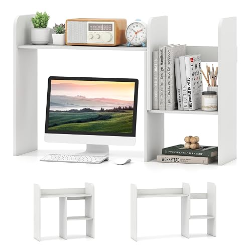 Tangkula Extendable Desktop Bookshelf, Dorm Desk Hutch, White | Width Adjustable Countertop Storage Hutch, Open Shelves, 2-Tier Display Rack, Wooden Modern Shelf for Home Office College