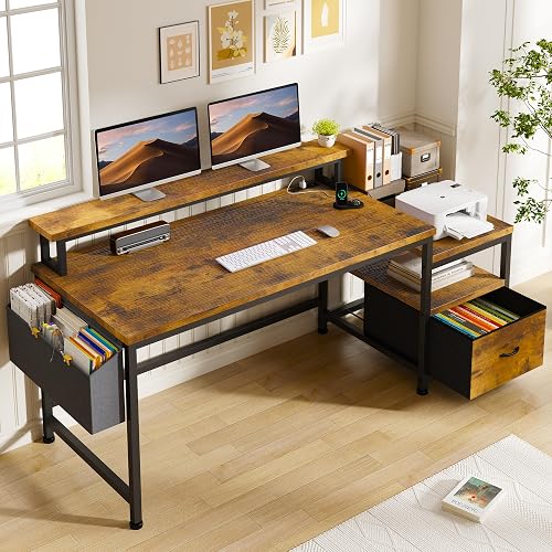 EnHomee 56.5" Office Desk with Drawers & Printer Space for Home Work,Brown | Computer Desk with 3 AC Outlets& 2 USB Ports,40"*7" Long Monitor Stand,Side Pockets with Storage Space,Home Office,Bedroom