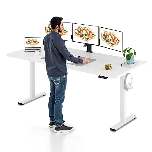 SANODESK 79x32'' Large Height Adjustable Ergonomic Electric Standing Desk | Stand Up Desk Home Office Computer Workstation Extra Large Sit Stand Desk with Splice Board, White Frame/White Top