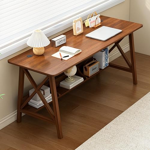 NELYE Extra Long Writing Desk with Bookshelf, 55" Wx20 Dx30 H, Walnut | Wooden Home Office Work Study Table, Computer Gaming Workstation with Storage Shelf, Sturdy MDF Resists Wobble