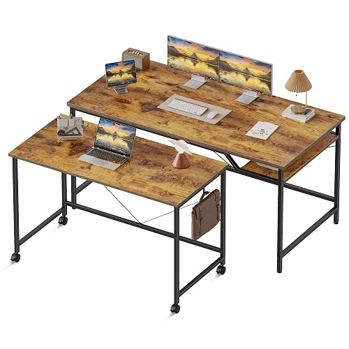 Mericonia 48 Inch Computer Desk & 32 Inch Small Rolling Desk, 2pcs | Simple Writing Table for Home Office Bedroom Work Study, Brown