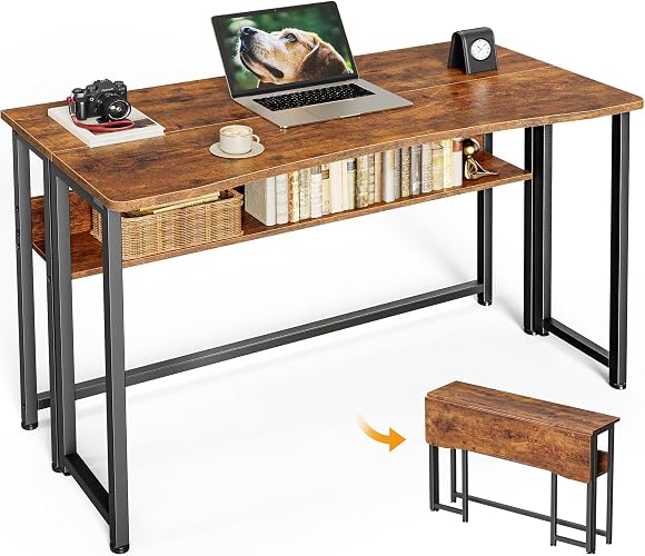 Huuger Folding Desk with Storage Shelf, 39.3 Inch Foldable Computer Table | Writing Work Office Computer Desk for Small Spaces, Space Saving Sofa Table for Couch, Easy to Fold, Rustic Brown
