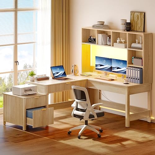 YITAHOME L Shaped Desk with Hutch & Drawers, Natural Oak, 67" | Computer Desk Gaming Desk, Power Outlets & LED Lights, Wood Home Office Desk with Printer Stand