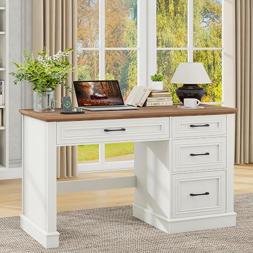Vabches Farmhouse 47" Executive Desk with Charging Station, Unique White | Computer Desk with Drawers, Workstation Computer Desk with File Drawer for Home Office,Study.