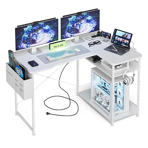 Acrolix L Shaped Gaming Desk 48 Inch - Computer Corner Desk with Power Outlets, Reversible Shelves & Storage Bag for Home Office, PC Gaming Table, White Carbon