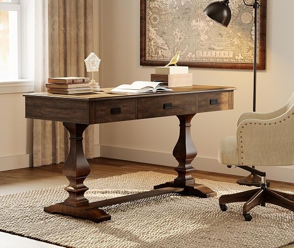 WAMPAT 60-inch Vintage Farmhouse Desk with Charging Station &3 Deep Drawers | Solid Wood Double Pedestal Legs with T-Shaped Feet,Weathered Wood Textured Tabletop,Anti-Slip Tips,Ergonomic Scalloped Edges