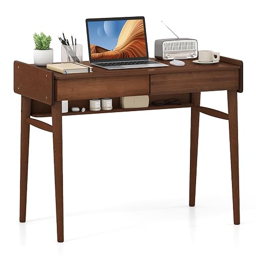 Giantex Mid Century Modern Desk, 39.5" Bamboo Computer Desk with 2 Drawers and Open Storage Shelf, Makeup Vanity Table, Wood Computer Workstation, Vintage Writing Desk for Bedroom, Walnut