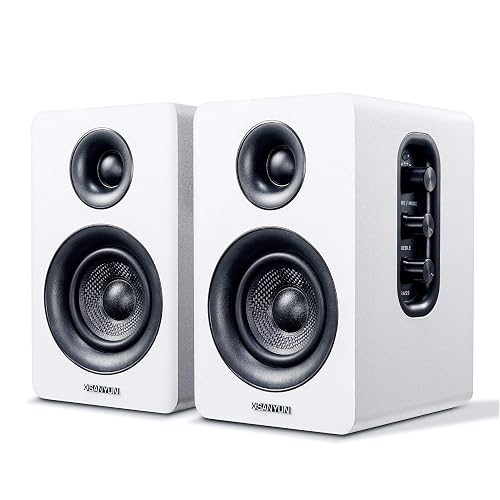 Sanyun SW208 3" Active Bluetooth 5.0 Bookshelf Speakers, Built-in 24bit DAC | 60W Carbon Fiber Speaker, USB and 3.5mm AUX Input, Dynamic 3D Surround Sound, 2.0 Computer PC Monitor Gaming (Pair, White)