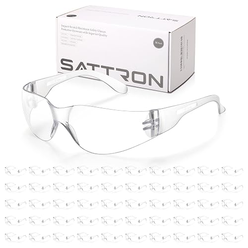SATTRON Clear Safety Glasses Bulk of 50, ANSI Z87.1 Eye Protection for Women Men, Scratch & Impact Resistant Protective Glasses, Ideal for Lab, Construction, Shooting