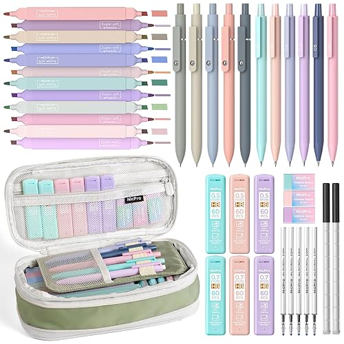 Nicpro Aesthetic School Supplies Stationary Set with Pen Case, 39 PCS Green | Back to Schoo Supplies, Pen Case with 12 Highlighter, 5 Gel Pen, 6 Mechanical Pencil, Essentials for College, Nursing Student