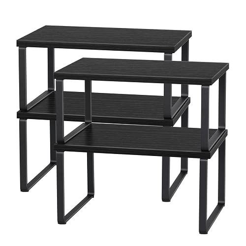CADUKE Set of 4 Kitchen Counter Shelves, Cabinet Organizer, Black | Wood Countertop Shelves, Stackable Shelf Organizer, Expandable Cabinet Shelf, For Pantry, Industrial