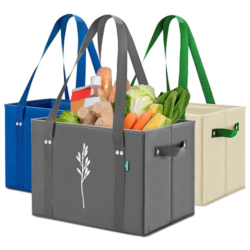 Green Bulldog Reusable Grocery Bags - Heavy Duty Reusable Shopping Tote Bags W/Long Handles, Foldable & Collapsible, Holds Up to 65 lbs - for Kitchen, Picnic 3 Pack