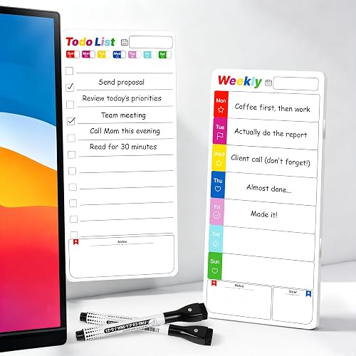 Office Supplies Desk Accessories 2pcs Computer Monitor Magnetic Memo Board | Week & To Do List Dry Erase Magnetic Memo Board Planer, Sticky Note Holder with 2 Markers