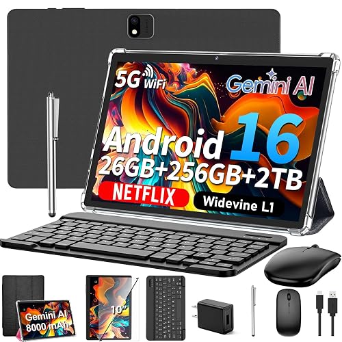 Android 16 Tablet with Keyboard - 10 inch Tablet with 26GB+256GB+2TB Expand | 2026 Electronic Tablet with Gemini AI, 8-Core, 5G WiFi, 8000mAh, GPS, GMS, 2 in 1 Tablet PC with Case, Mouse, Stylus (Black)