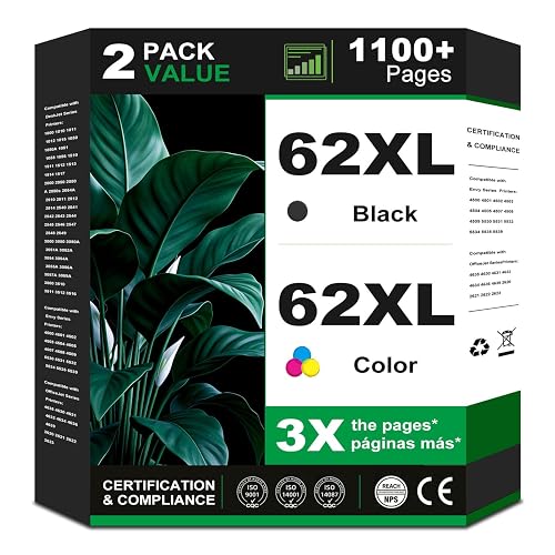 62XL Ink Cartridges Black Color Combo Pack Replacement for HP Ink 62 XL | HP62 HP62XL for Envy 5540 7640 5660 5640 5542 5545 5642 5664 5665 7645 OfficeJet 8000 8005 200 250 5740 5742 Printer 2 Pack