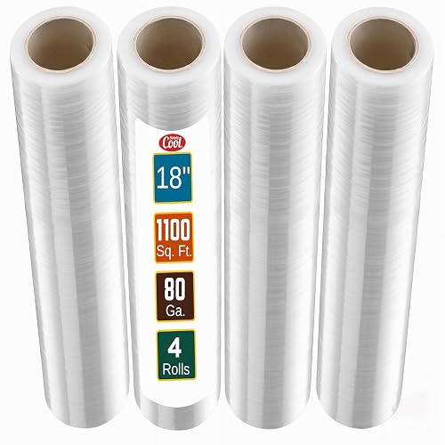 Simply Cool 4 Pack Stretch Wrap 18 Inch 80 Gauge Shrink Wrap | Plastic Wrap for Moving Boxes, Furniture, Heavy Duty Industrial Strength Pallet and Moving Supplies Packing Stretch Film