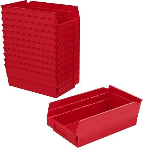 Akro-Mils 30130 Heavy Duty Plastic Shelf Bins, 12"x 6.5"x 4", Red, 12-Pk | Heavy Duty Nesting Storage Bins for Garage, Closet, Refrigerator, Kitchen, Cabinet, Drawer Organization, Pantry Organization