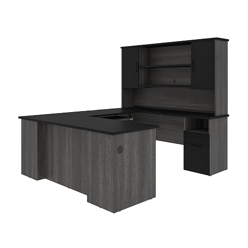 Bestar U or L Shaped Executive Desk with Hutch, Black & Gray, Norma, 71W | With Hutch; Laminated, high-density commercial-grade particle board; for home office use; stands 70 in. tall
