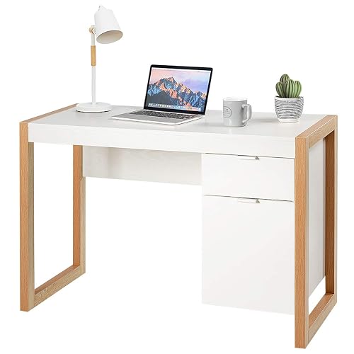 Tangkula Wooden Home Office Desk with Drawer & Cabinet, PC Laptop Workstation Study Writing Desk, Ideal for Bedroom Home Office (White & Natural)