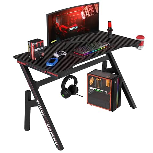 BestOffice | 47" Gaming Table | Red | R-Shaped Computer Desk | with Steel Frame, Headphone Hook, Adjustable Feet | Carbon Fiber Texture| Easy to Clean | for Gaming, Home Office