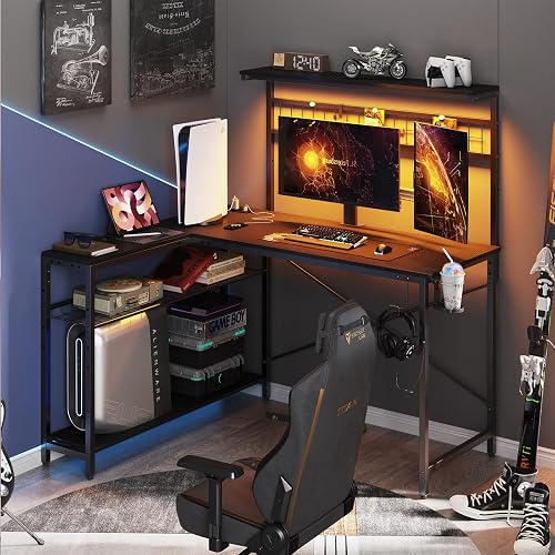 Bestier 51" L Gaming Desk with Power Outlets LED Lights, Carbon Fiber Black | Reversible Design, LED Lights, Power Outlets, 4-Tier Storage Shelves, Headphone Hook, Foldable Cup Holder, L-Shaped Iron Hook