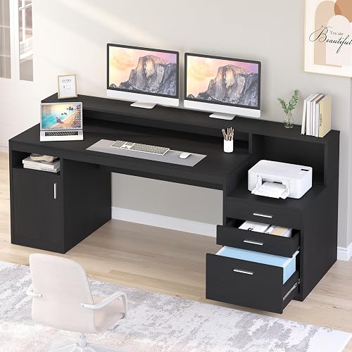 65" Black Computer Desk with 3 Drawers & Printer Shelf for Home Office | Computer Desk with Printer Shelf & File Drawer, Executive Desk Writing Study Table with Monitor Stand, Black