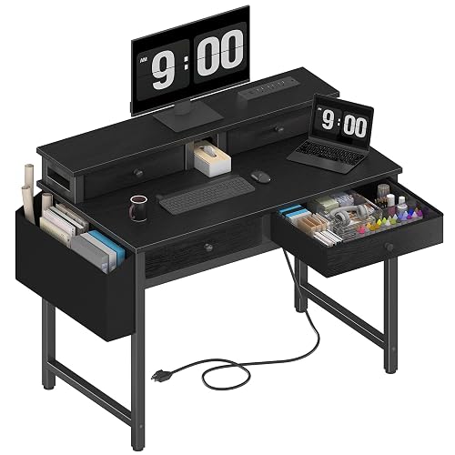 Lufeiya Small Desk with Drawers for Home Office Bedroom, 31 inch Black Writing Study Desks with Fabric Drawers Storage, Gaming Desk Table with Power Outlet & Monitor Stand, Black