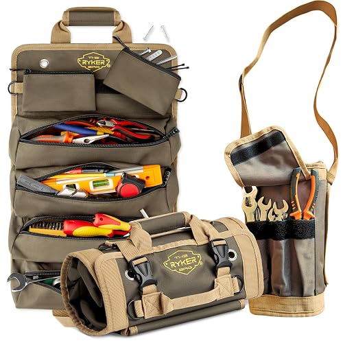 Ryker Heavy Duty Tool Roll Up Bag Organizer w/Accessible Pouches | Motorcycle and Truck Accessories Gadgets for Men. Plumbing Tools Kit Pouch Work Tool Bag. Socket Wrench Tool Box Organizer
