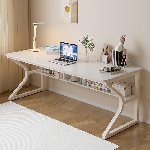 OSCHF 63-Inch Extra Long Desk with Storage Shelf, Warm White | Double Long Writing Table, Space-saving, 2-Person Workstation, Modern Study Work Computer Desk, For Home Office