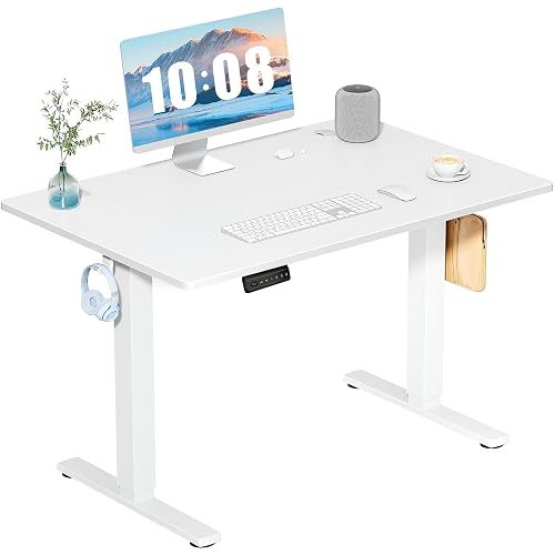 DUMOS 40 Inch Electric Standing Desk, Memory Adjustable Home Office Desk | Sit Stand Up Desk for Work Home Office,Adjustable Desk, Rising Computer Table with Splice Board,Cable Management,Hook,White