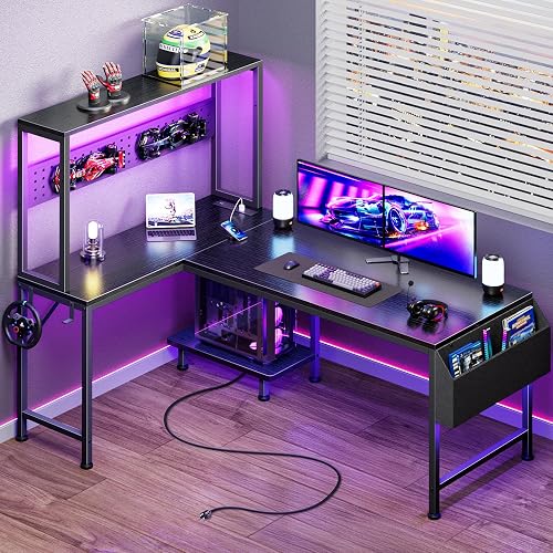 PRAISUN L Shaped Gaming Desk with LED Lights & Power Outlets | Reversible Computer Desk with Storage Shelves & Bag, Large Corner Home Office Desk with Pegboard for Work from Home, Black