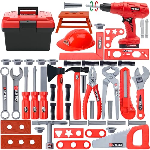 Kids Tool Set, 55 Pcs with Box and Electronic Toy Drill for Child Ages 3+ | ABS plastic, no sharp parts, 3 interchangeable drill bits, all-purpose children's toolbox, safe and environmentally friendly