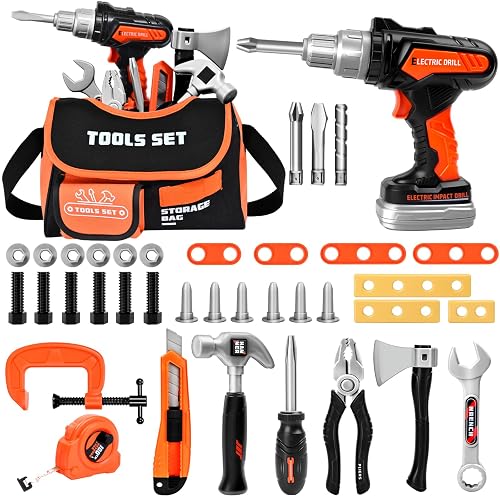 Premium Kids Tool Set, Portable Carrying Bag with Battery Powered Toy Drill, Easy-Grip Pretend Play Toddler Tool Kit, Construction Toys for Boys & Girls Age 3-8, STEM Gifts