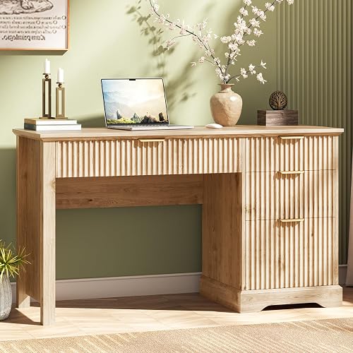 Vabches Fluted Executive Desk with Drawers, Wood Computer Desk with Ample File Drawer, Home Office Desk with Storage for Study, Bedroom, Living Room, Oak
