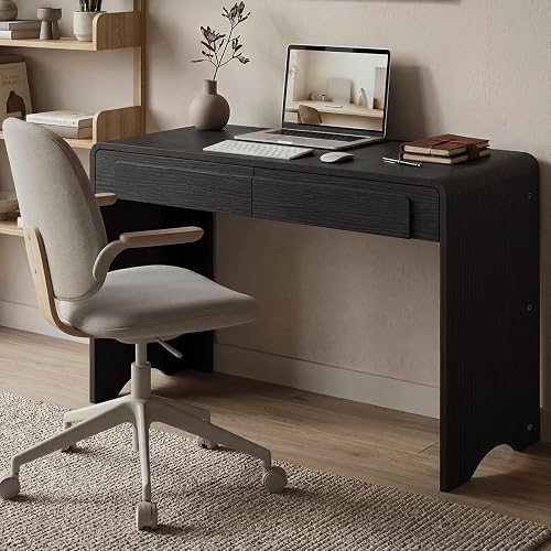 Bestier 47" Computer Desk with 2 Drawers, Modern Wood Writing Desks, Black | Waterfall Rounded Edges, Spacious Storage with 2 Drawers, Reinforced Structure, Premium Wood Materials, Ergonomic Height