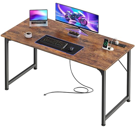 PRAISUN 47 X 20 Inch Computer Desk, Power Outlets, USB-C, Rustic Brown | Office Desk with 4 AC Outlets, USB & USB-C, Sturdy Metal Frame, Spacious Desktop for Work, Writing, Study & Gaming