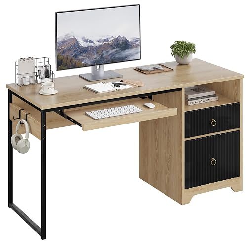 Bestier 55 Inch Office Desk with Fluted Panel & Keyboard Tray, Natural Oak | 55 X 22 In Work Surface, File Drawer, Reversible Pedestal, Fluted Panels And Keyboard Tray For Home Office Storage.