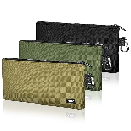 3 Pcs Zipper Tool Pouches, Flat Bottom Utility Bags with Carabiners | 600D Polyester, Water-Resistant Lining, Small Multipurpose Storage Organizer For Tools, Pencil, Stationery, Heavty Duty