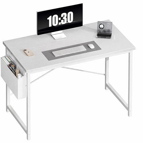 OLIXIS Computer Desk, 44 Inch Gaming Desks for Home Office Small Spaces | Writing Study Craft Work Table, Computer Workstation for Bedroom with Storage Bag, All White