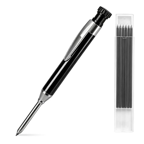 YEVEETTE 2.8mm Carpenter Pencils with 7 Refills, Built-in Sharpener Long Nib Deep Hole Construction Pencil, Metal Drafting Pencil Set for Carpenter Scriber Woodworking Architect (Black)