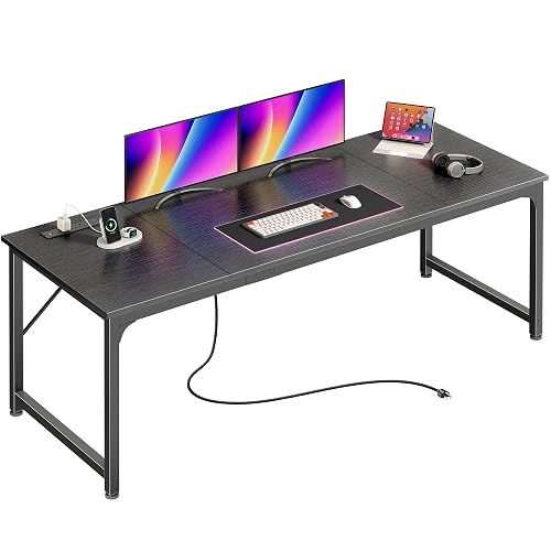 PRAISUN 70 x 24 Inch Computer Desk with Power Outlets & USB-C, Black | Office Desk with 4 AC Outlets, USB & USB-C, Heavy Duty Metal Frame, Spacious Desktop for Work, Writing, Study & Gaming