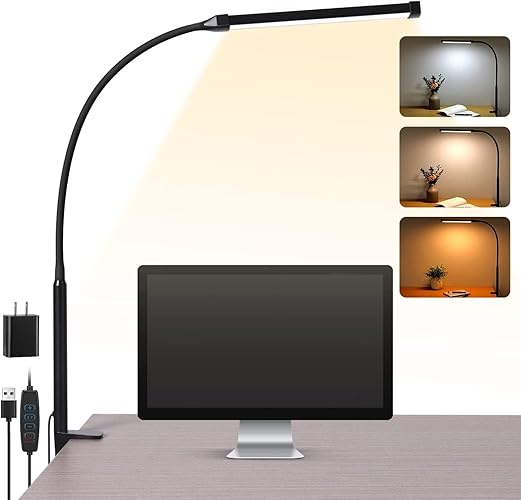 Voncerus LED Desk Lamp with Clamp, Clip on Lights for Home Office, Black | 3 Modes 10 Brightness, Long Flexible Goose-Neck, Eye-Caring, Memory Function, Energy Efficient, USB Adapter, Metal