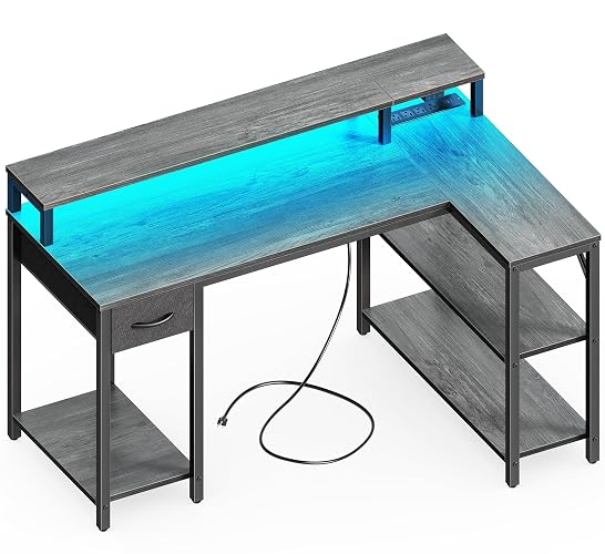 SUPERJARE 47 inch Reversible L Shaped Desk with LED Lights & Power Outlets, Computer Desk with Shelves & Monitor Stand, Gaming Desk with Drawer, Home Office Desk Corner Desk, Grey