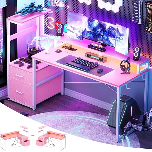 Aheaplus 59" Gaming Desk with RGB LED & Power Outlet &PC Case/Printer Stand | Reversible Computer Desk with Monitor Stand & Shelves & Fabric File Drawer, Home Office Desks, Gamer Table PC Desk, Pink