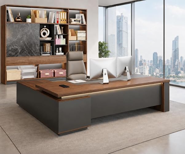 Anzhap 63" Reversible L-Shaped Executive Desk with Drawers – Compact Office Computer Desk with Open Shelves, LED Lighting, Built-in Outlet & USB Ports for Home, Office, School (63" W x 63" D x 30" H)