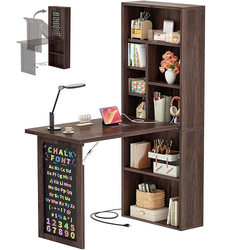 Armocity Small Folding Desk with Outlets, Fold-Out Murphy Desk Craft Table | Foldable Wall Mounted Desk Cabinet with Storage, Multi-Function Desk for Small Spaces/Home Office/Craft Room, Black Walnut