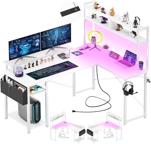 Aheaplus Small L Shaped Desk Gaming Desk with LED Lights & Power Outlets | Reversible L-Shaped Computer Desk with Monitor Stand & Shelf, Hooks, Corner Desks Home Office Desk with Storage Bag, White