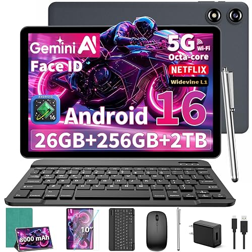 10 inch Tablet with Keyboard - 2026 Gemini AI Android 16 Tablet,Green Case | 26GB+256GB+2TB Expand, Electronic Tablet PC with 8-Core, 5G WiFi, 8000mAh, GMS, GPS, 2-in-1 Tablet with Case/Mouse/Stylus
