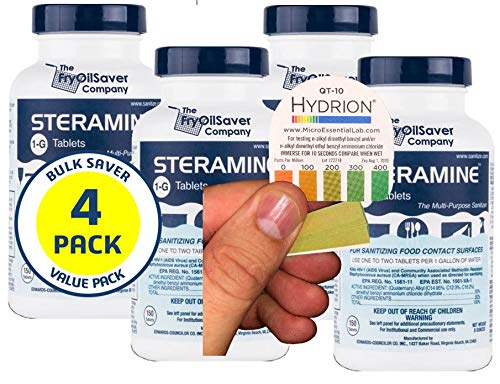 Pack of 4 (600 Tab) Steramine Sanitizing Tablets w/ 30x QT-10 Test Strips by FryOilSaver Co., Steramine Multi Purpose Contact Solution Sanitizer Tablets for Gym, Hotel, Bar, Restaurants & Food Service